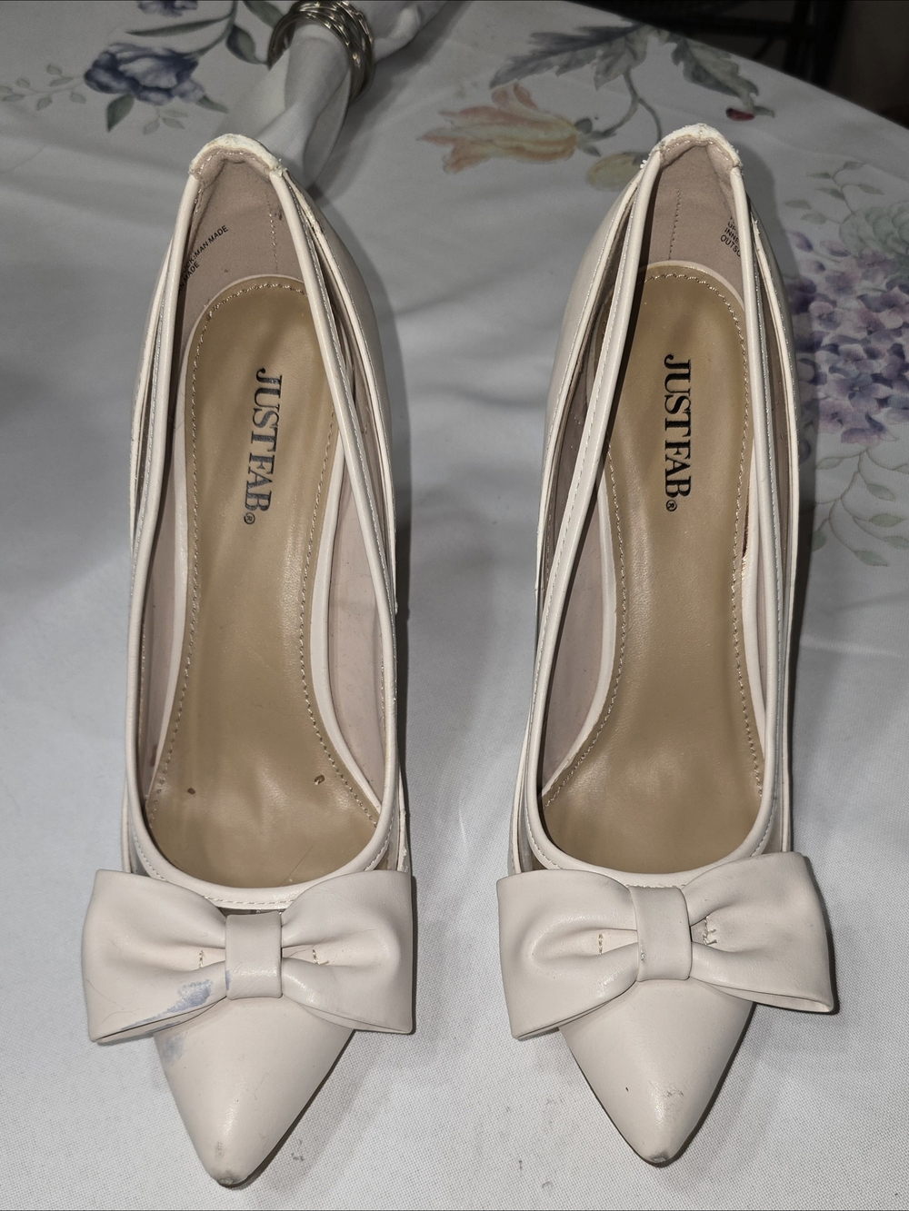 JustFab Cream Pointed Bow Pumps